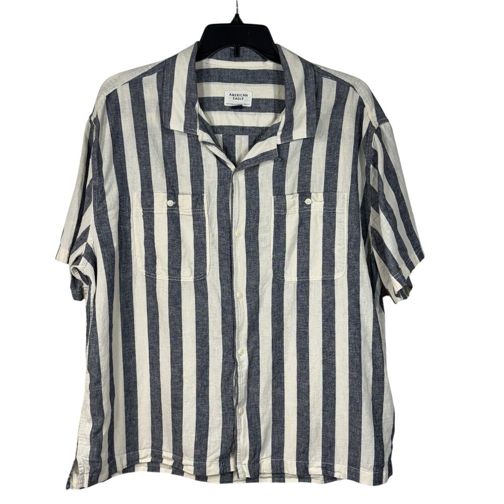 American Eagle XX-Large Mens Poolside Shirt Button-Up Striped Linen Blend Pocket